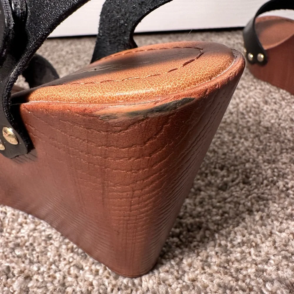 Soda Black and Tan Wedge Sandals
